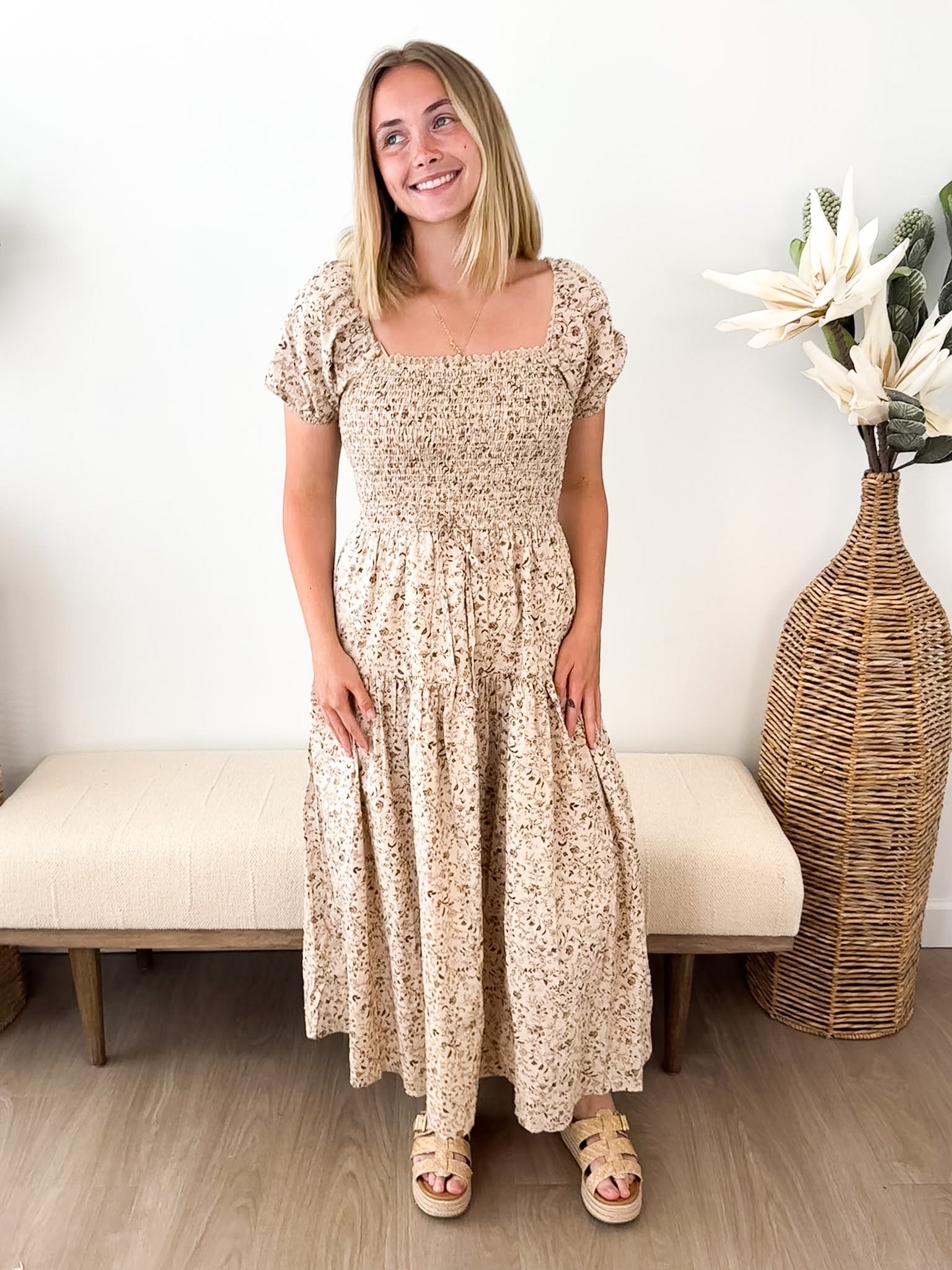Floral Smocked Puff Sleeve Midi Dress