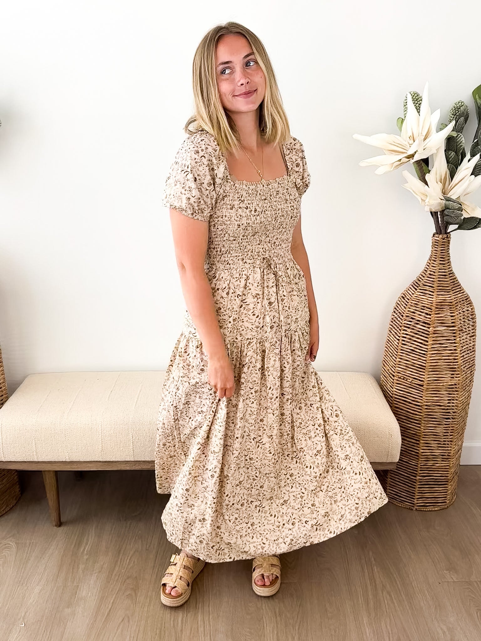 Floral Smocked Puff Sleeve Midi Dress - The Nines