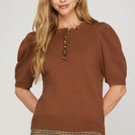 Short Sleeve Ruffled Neck Sweater Top - 3 Colors! - The Nines