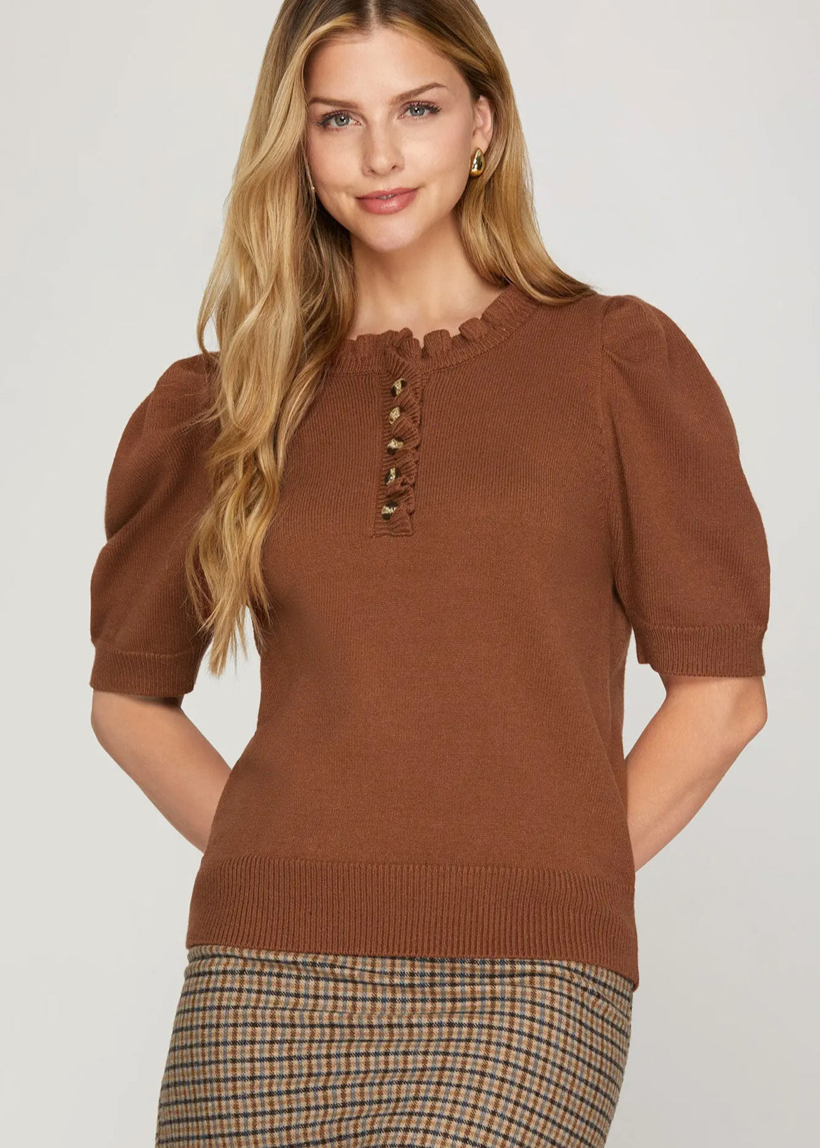 Short Sleeve Ruffled Neck Sweater Top - 3 Colors! - The Nines