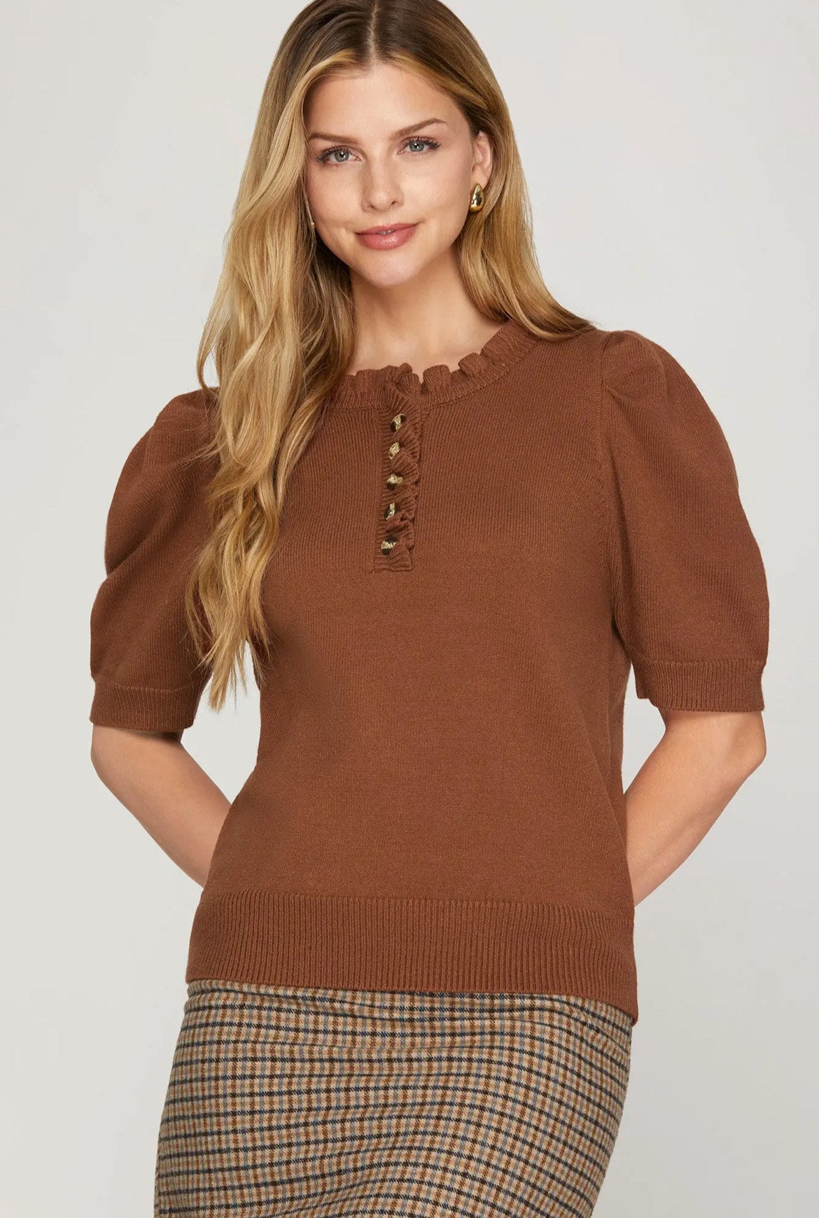 Short Sleeve Ruffled Neck Sweater Top - 3 Colors! - The Nines