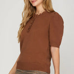 Short Sleeve Ruffled Neck Sweater Top - 3 Colors! - The Nines