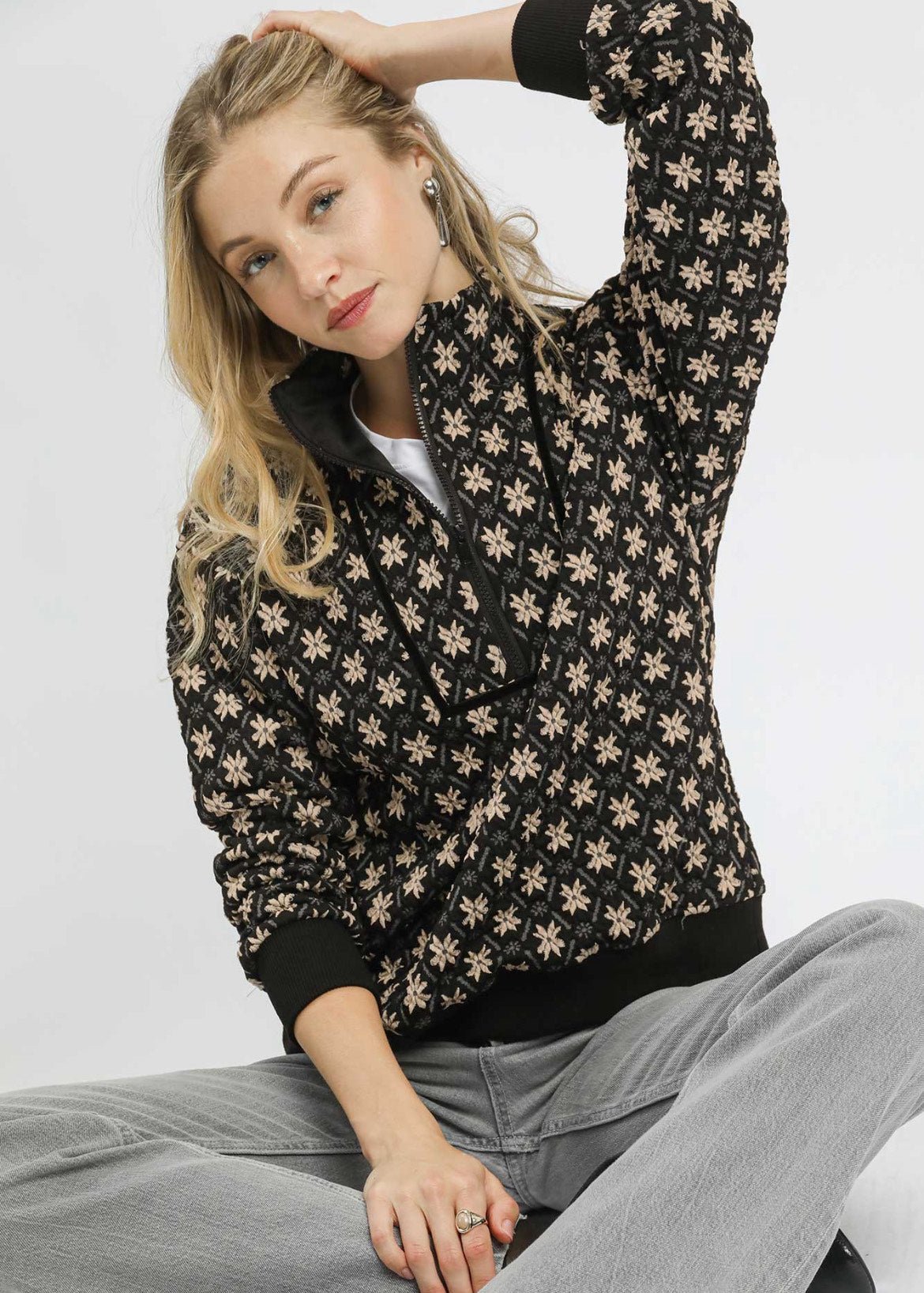 Black Textured Knit Quarter Zip - The Nines