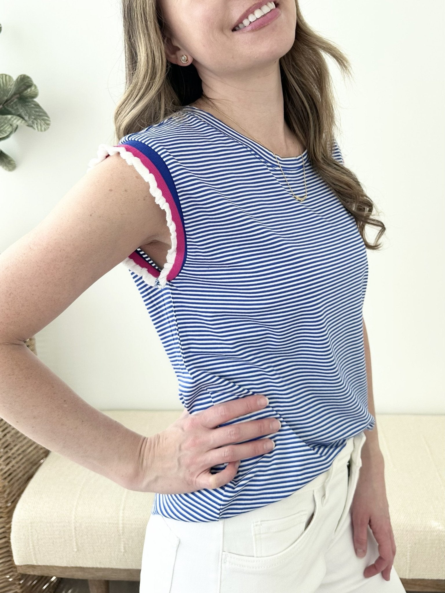 Knit Pinstripe Ruffle Hem Top - The Nines