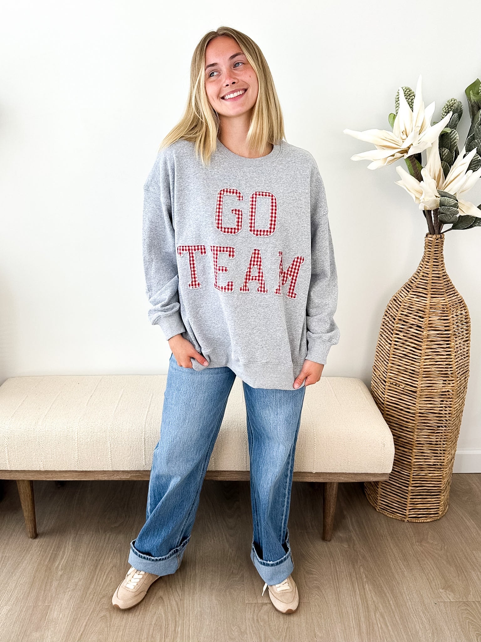 "Go Team" Gingham Patchwork Crew