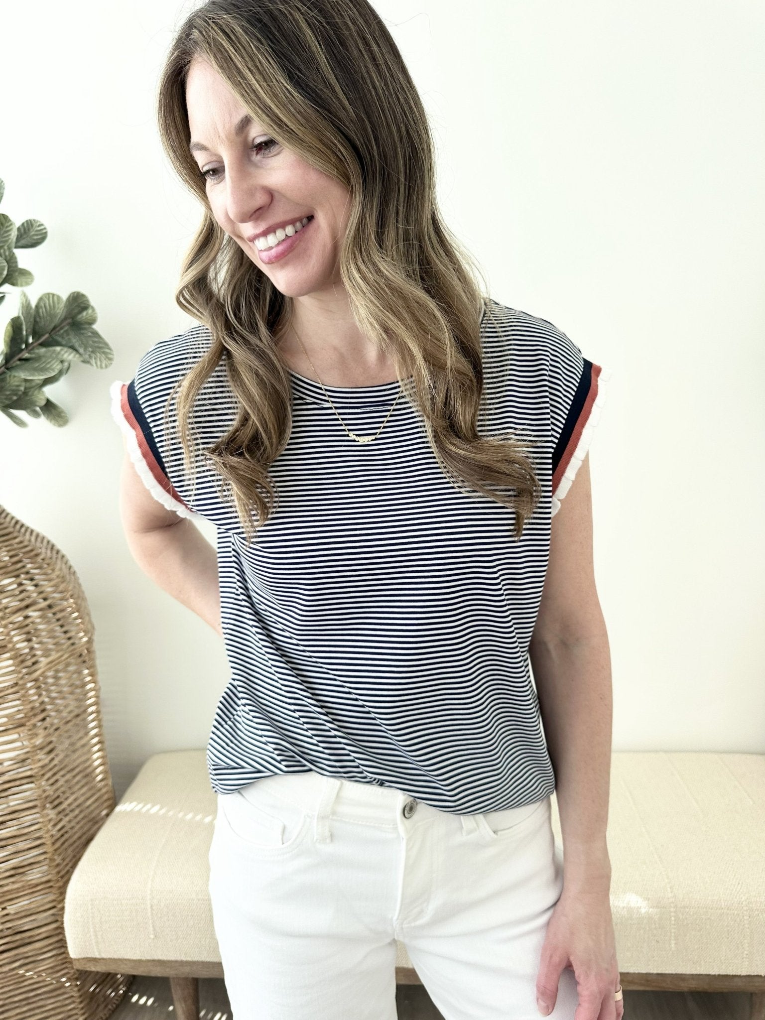 Knit Pinstripe Ruffle Hem Top - The Nines