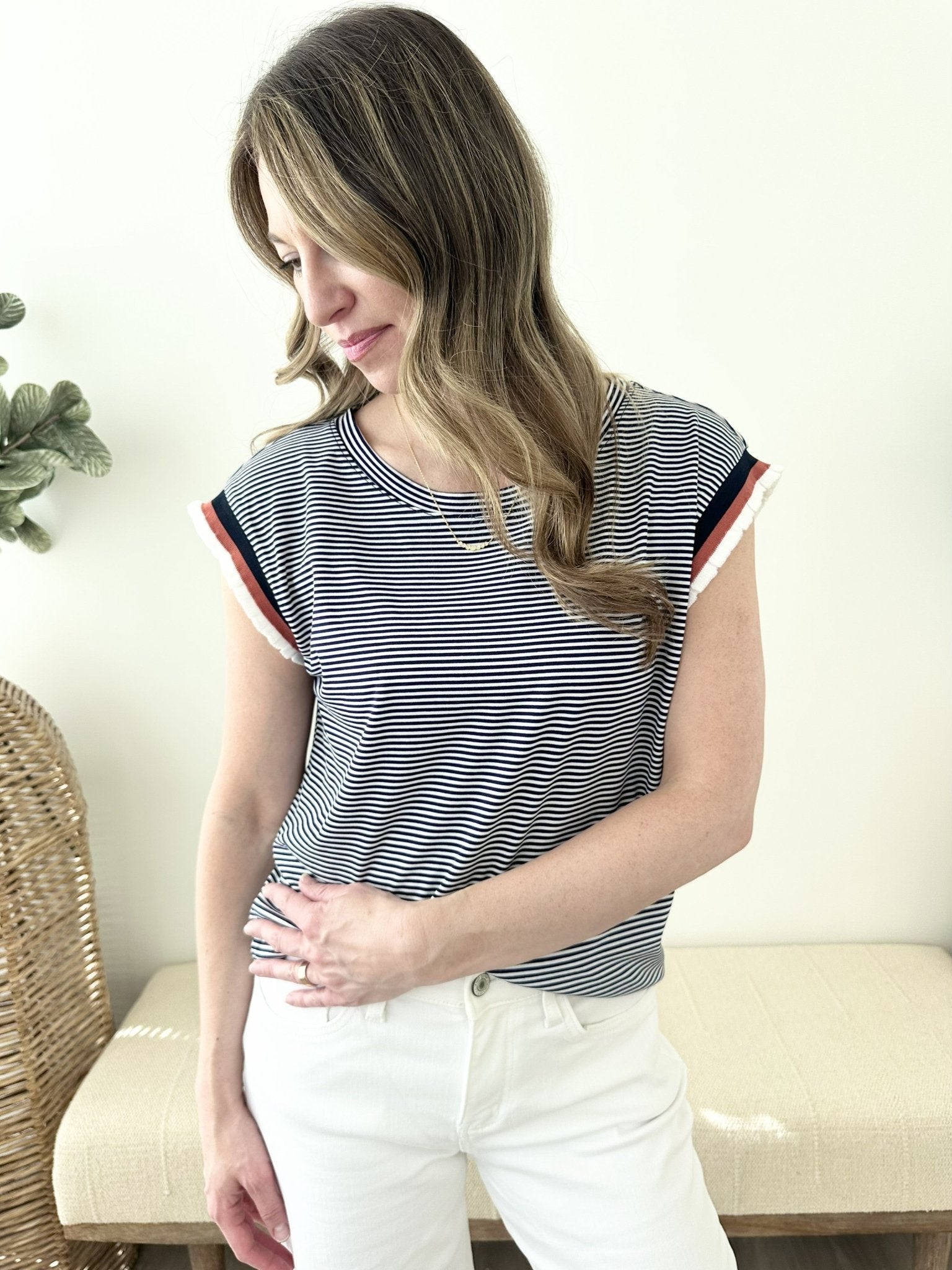 Knit Pinstripe Ruffle Hem Top - The Nines