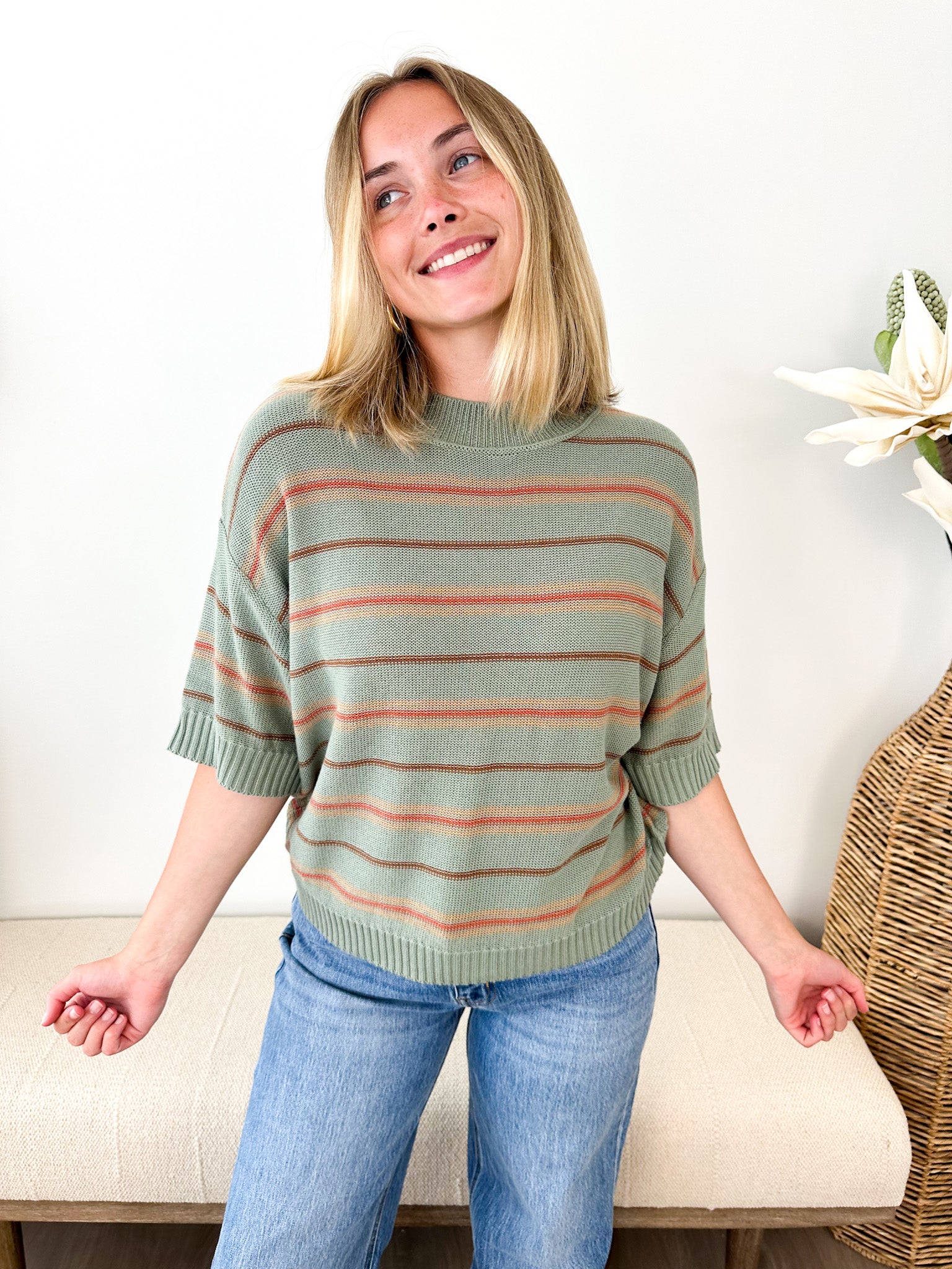 Oversized Half Sleeve Striped Sweater