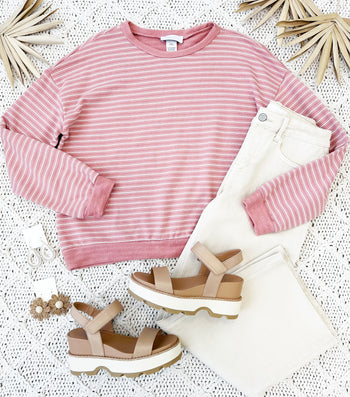 Pink & Cream Striped French Terry Pullover
