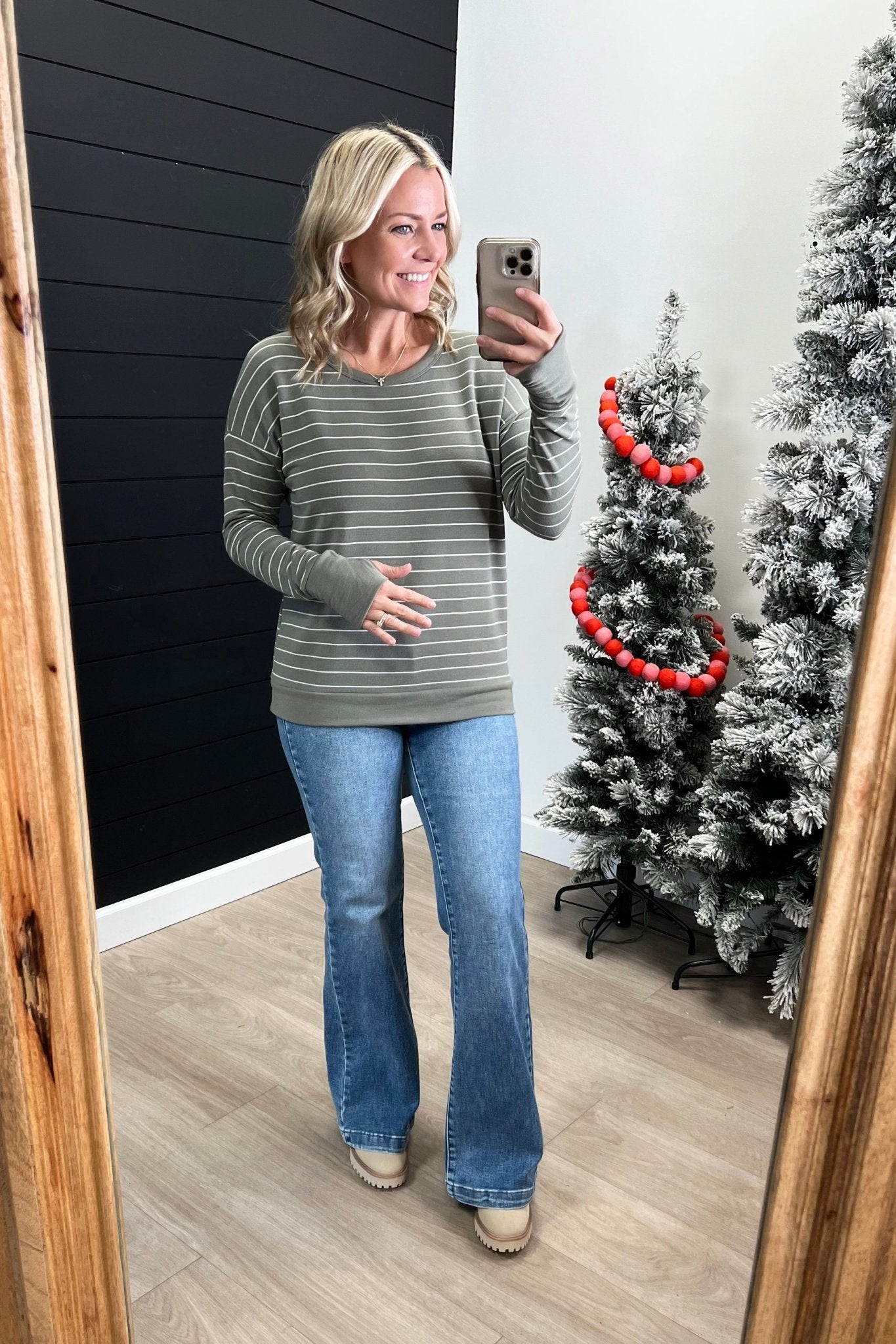 Olive Striped Thumbhole Top - The Nines