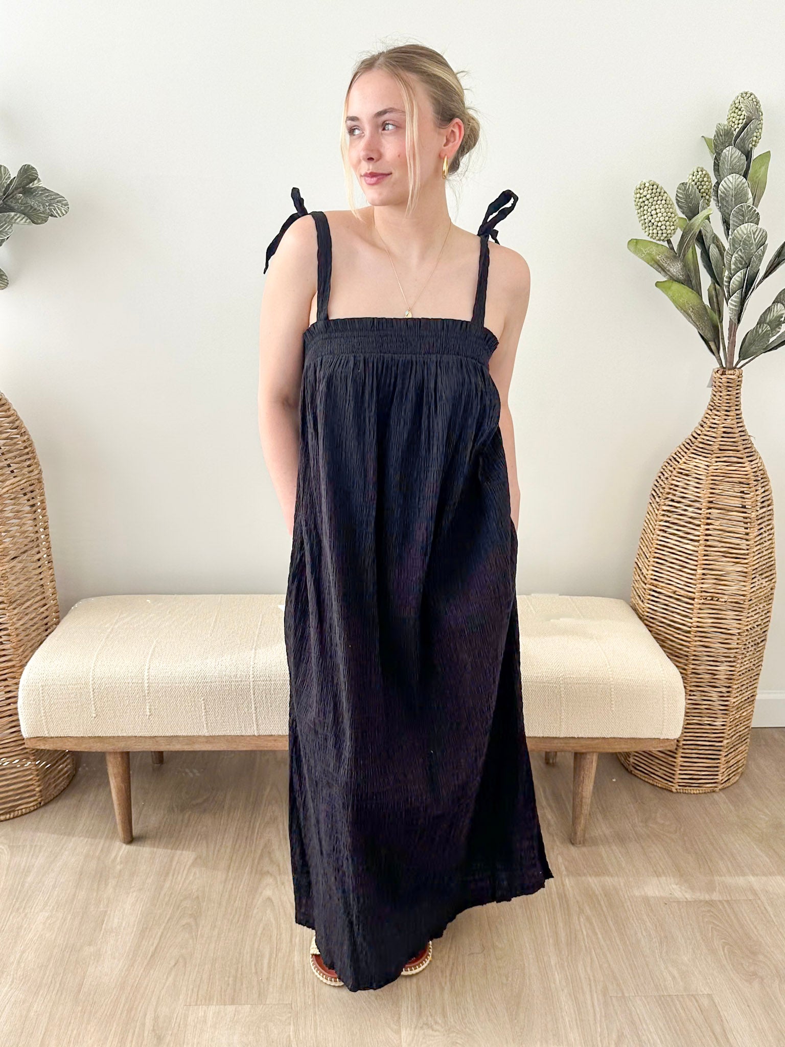 Crinkle Tie Strap Midi Dress - The Nines