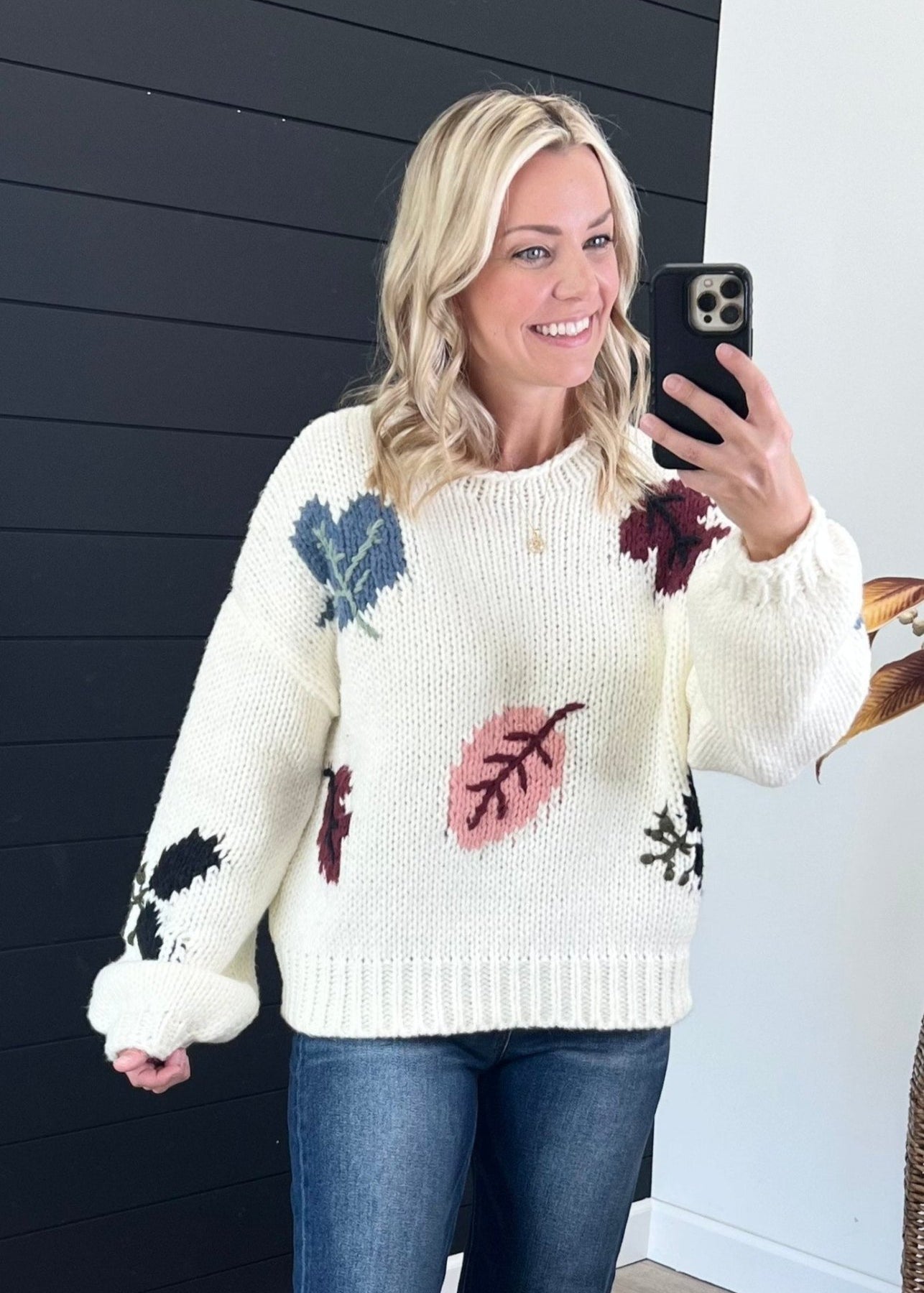 Ivory Leaf Print Sweater - The Nines