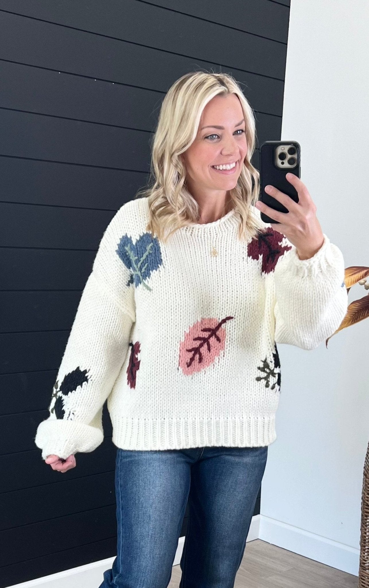 Ivory Leaf Print Sweater - The Nines