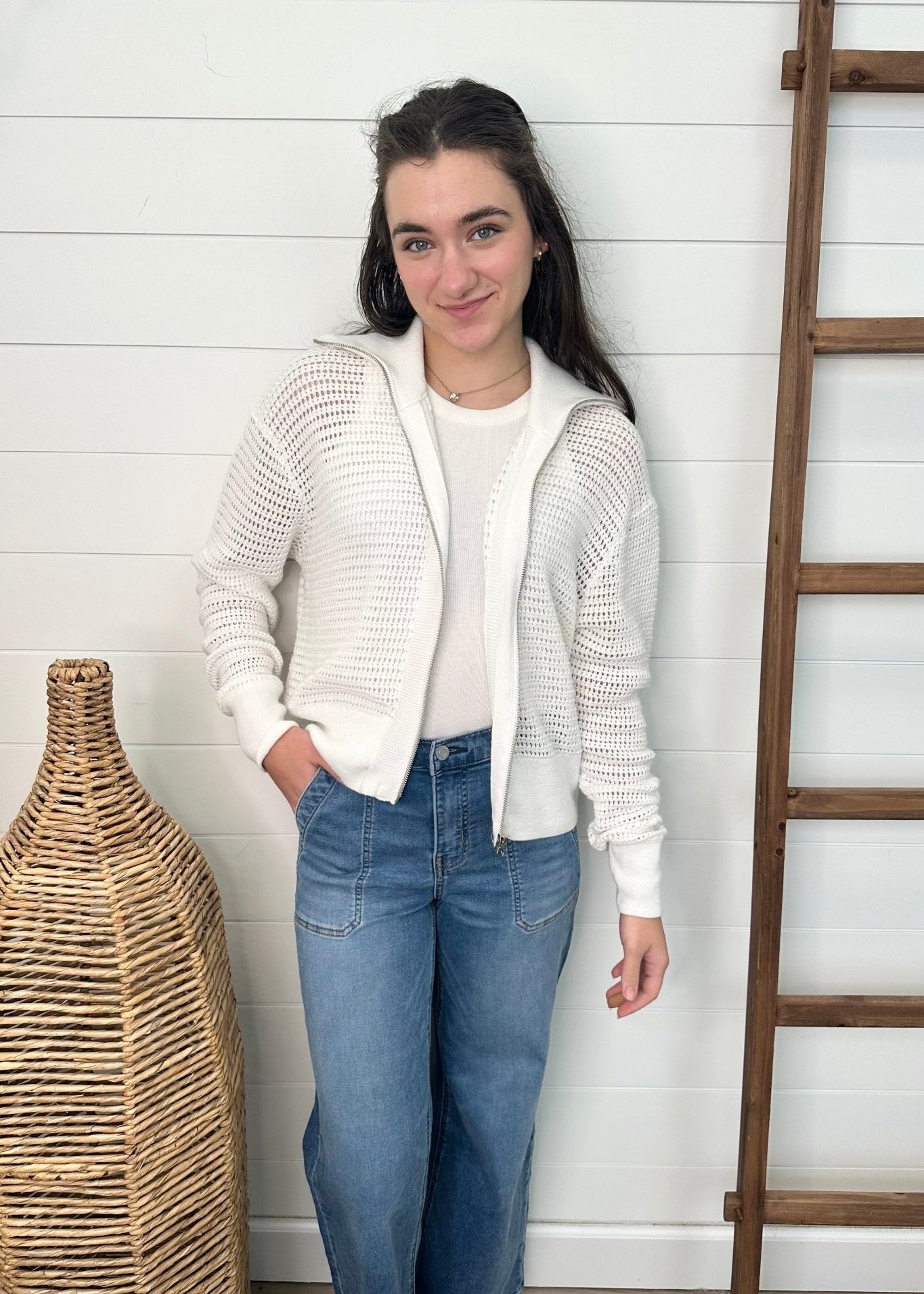 White Open Knit Jacket - The Nines