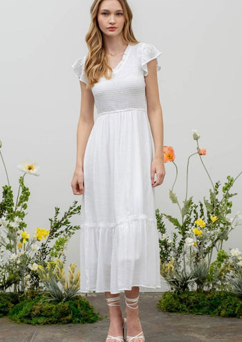 White Smocked Lace Detail Dress