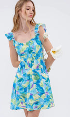 Watercolor Floral Ruffle Print Dress
