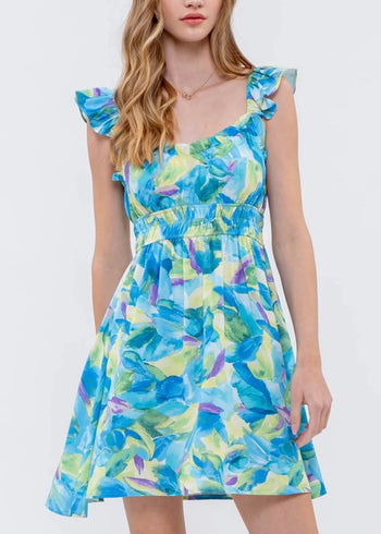 Watercolor Floral Ruffle Print Dress
