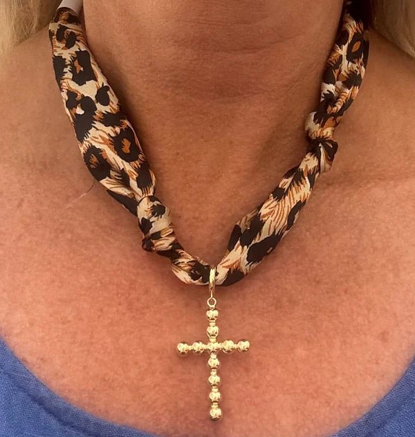 Cheetah Scarf Necklace with Cross - The Nines