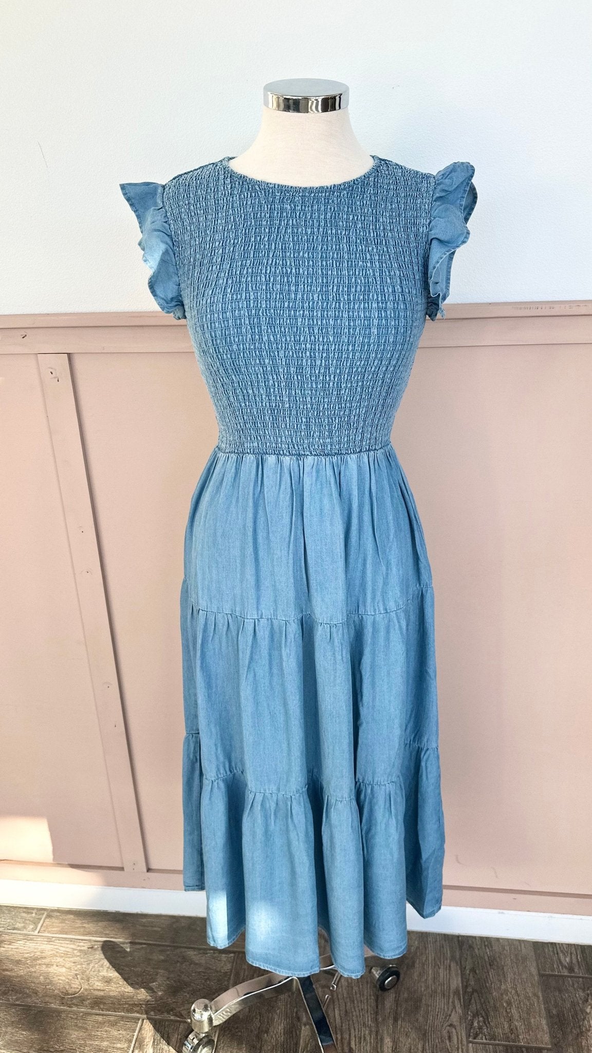 Chambray Smocked Dress - The Nines