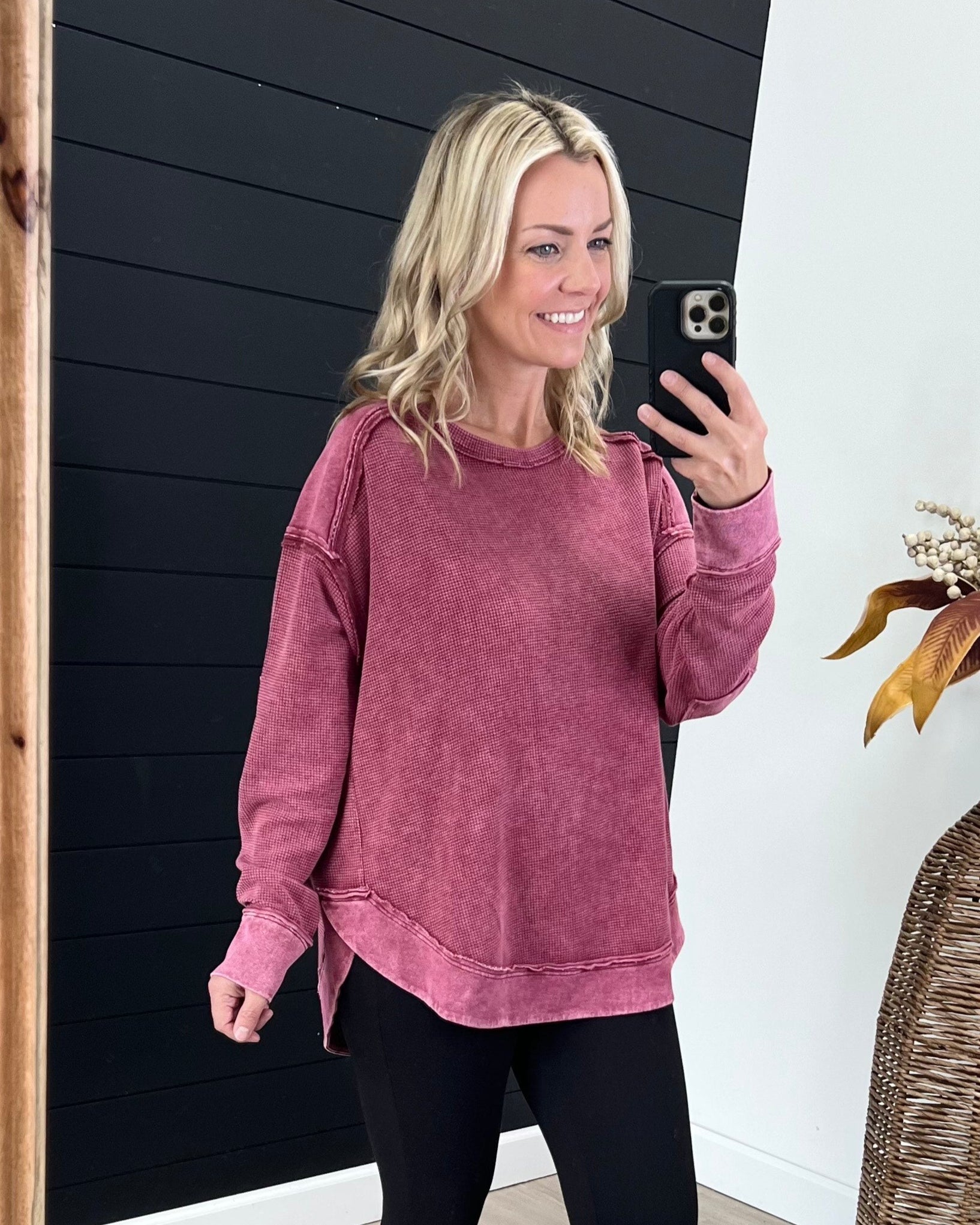 Mineral Wash Waffle Elbow Patch Top - 2 colors! - The Nines
