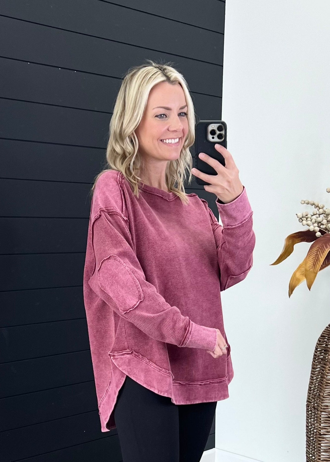 Mineral Wash Waffle Elbow Patch Top - 2 colors! - The Nines