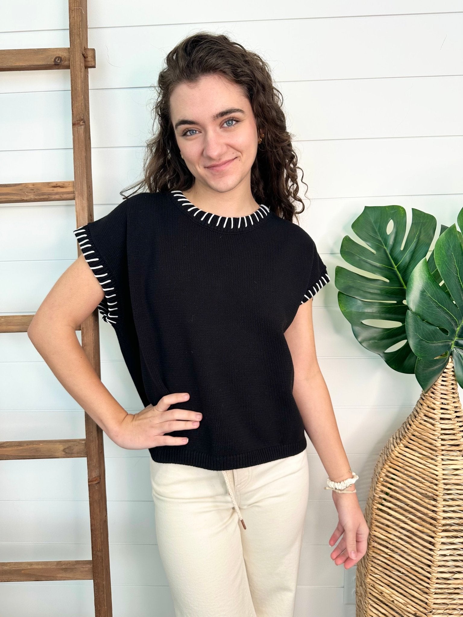 Stitch Detail Short Sleeve Sweater - 2 Colors! - The Nines