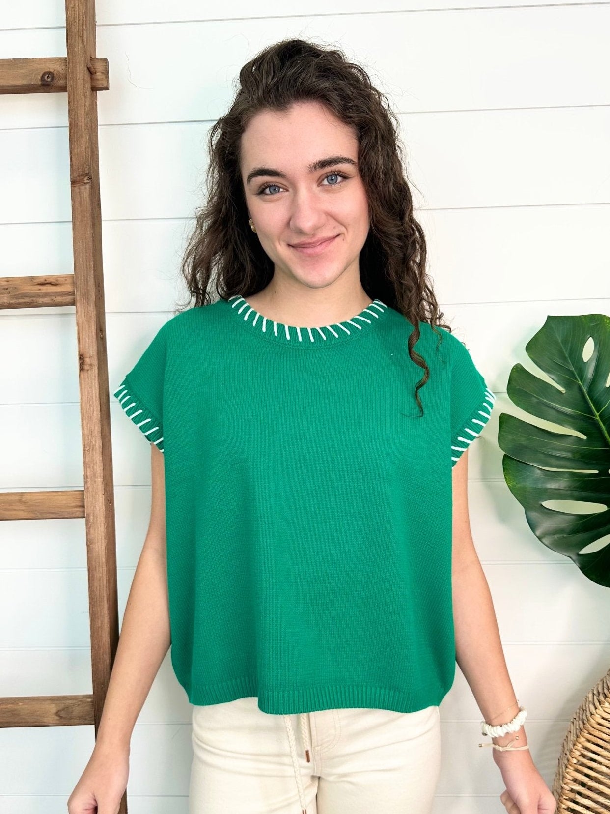 Stitch Detail Short Sleeve Sweater - 2 Colors! - The Nines