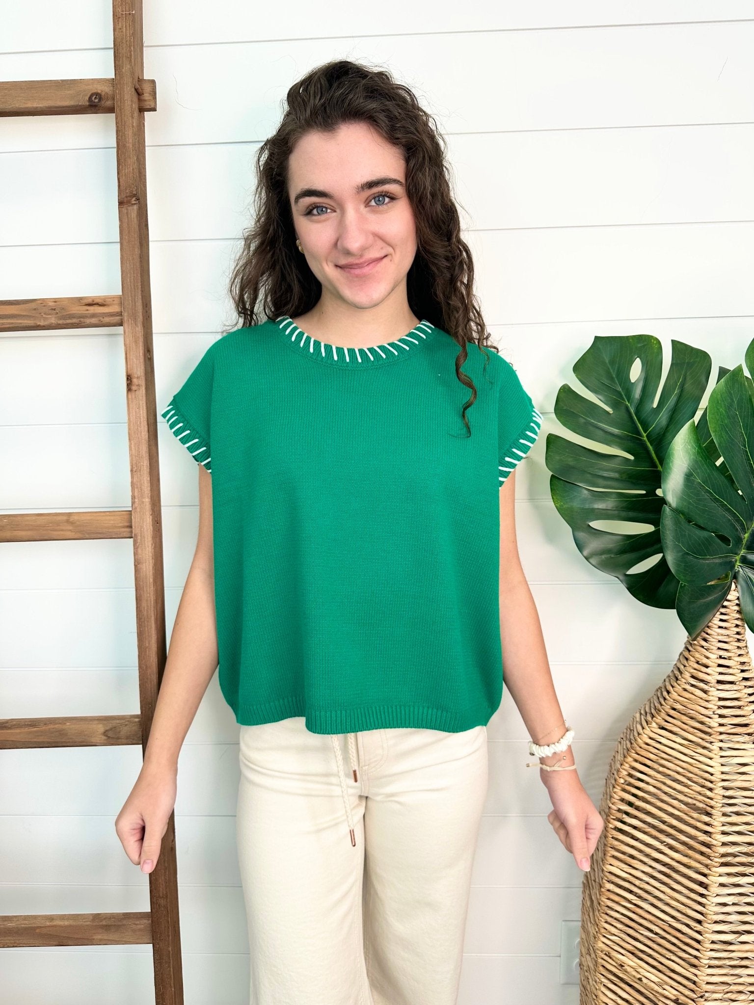 Stitch Detail Short Sleeve Sweater - 2 Colors! - The Nines