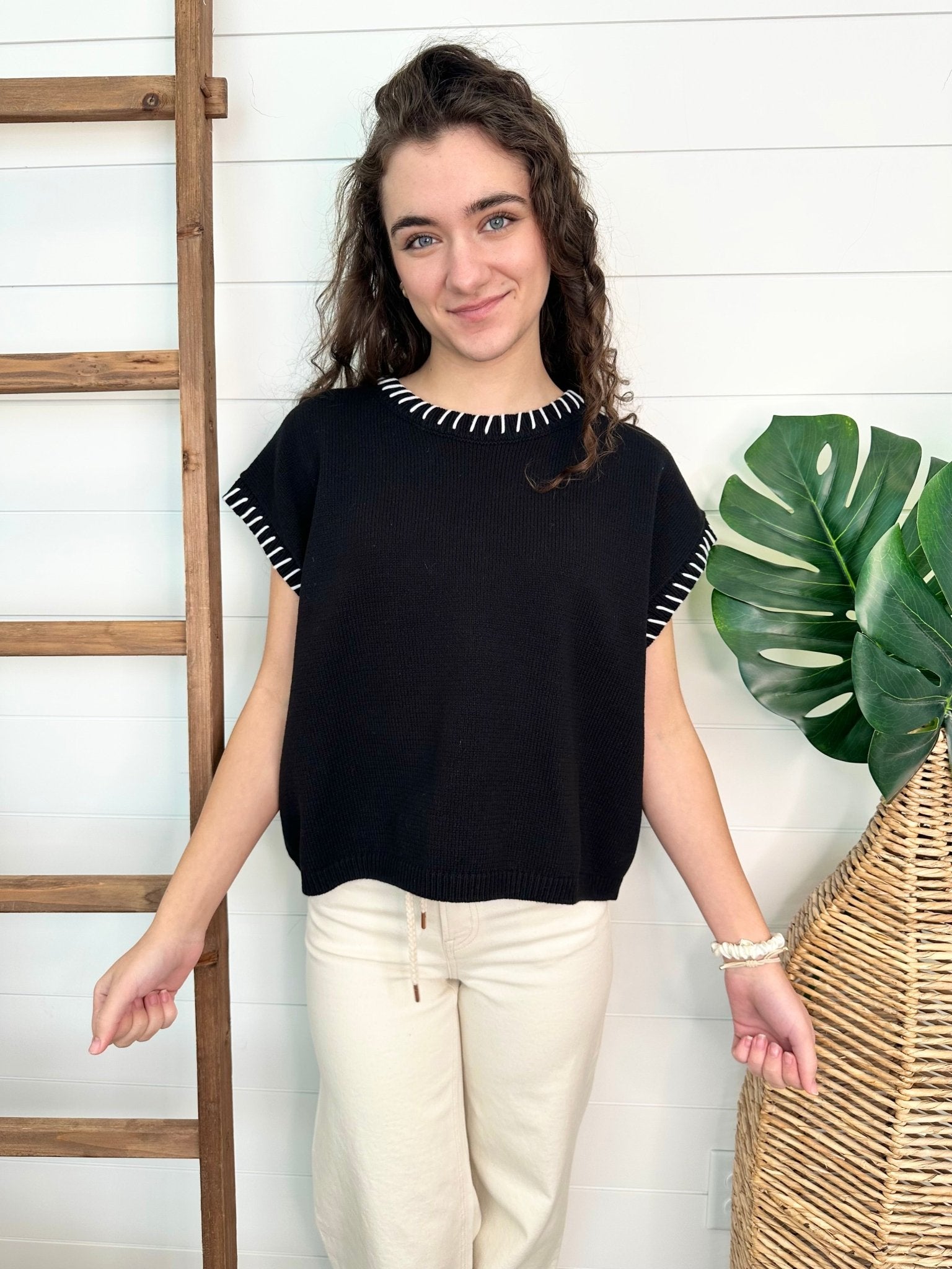Stitch Detail Short Sleeve Sweater - 2 Colors! - The Nines
