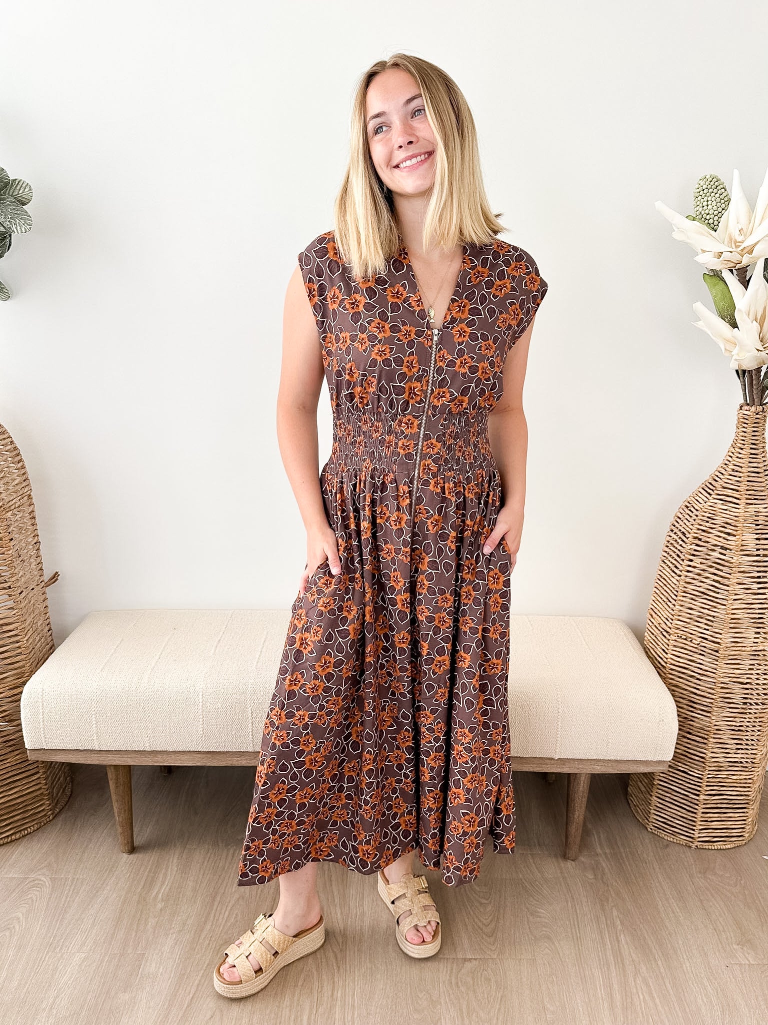 Smocked Waist Zip Midi Dress - The Nines