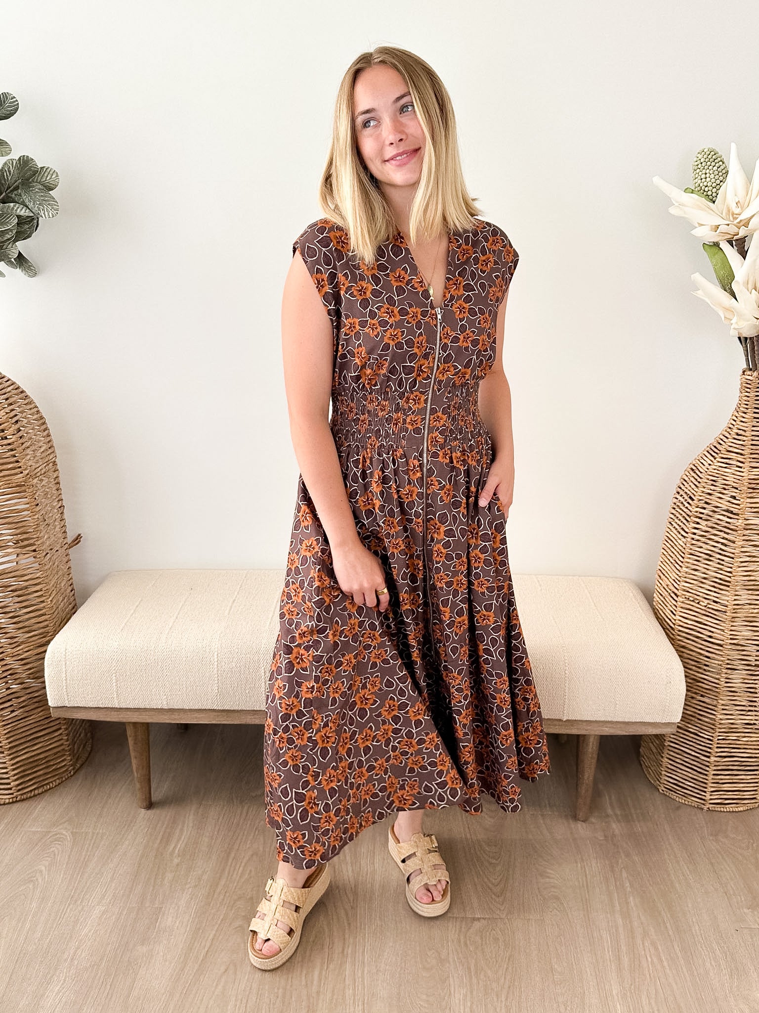 Smocked Waist Zip Midi Dress - The Nines