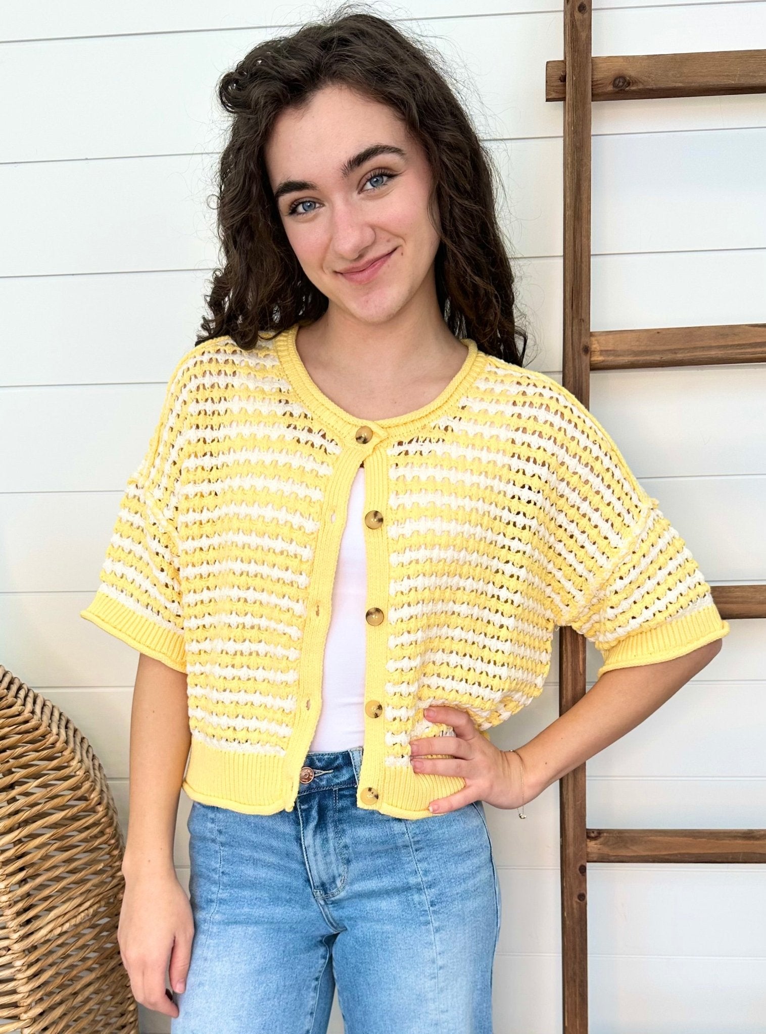 Yellow Striped Button Short Sleeve Top - The Nines