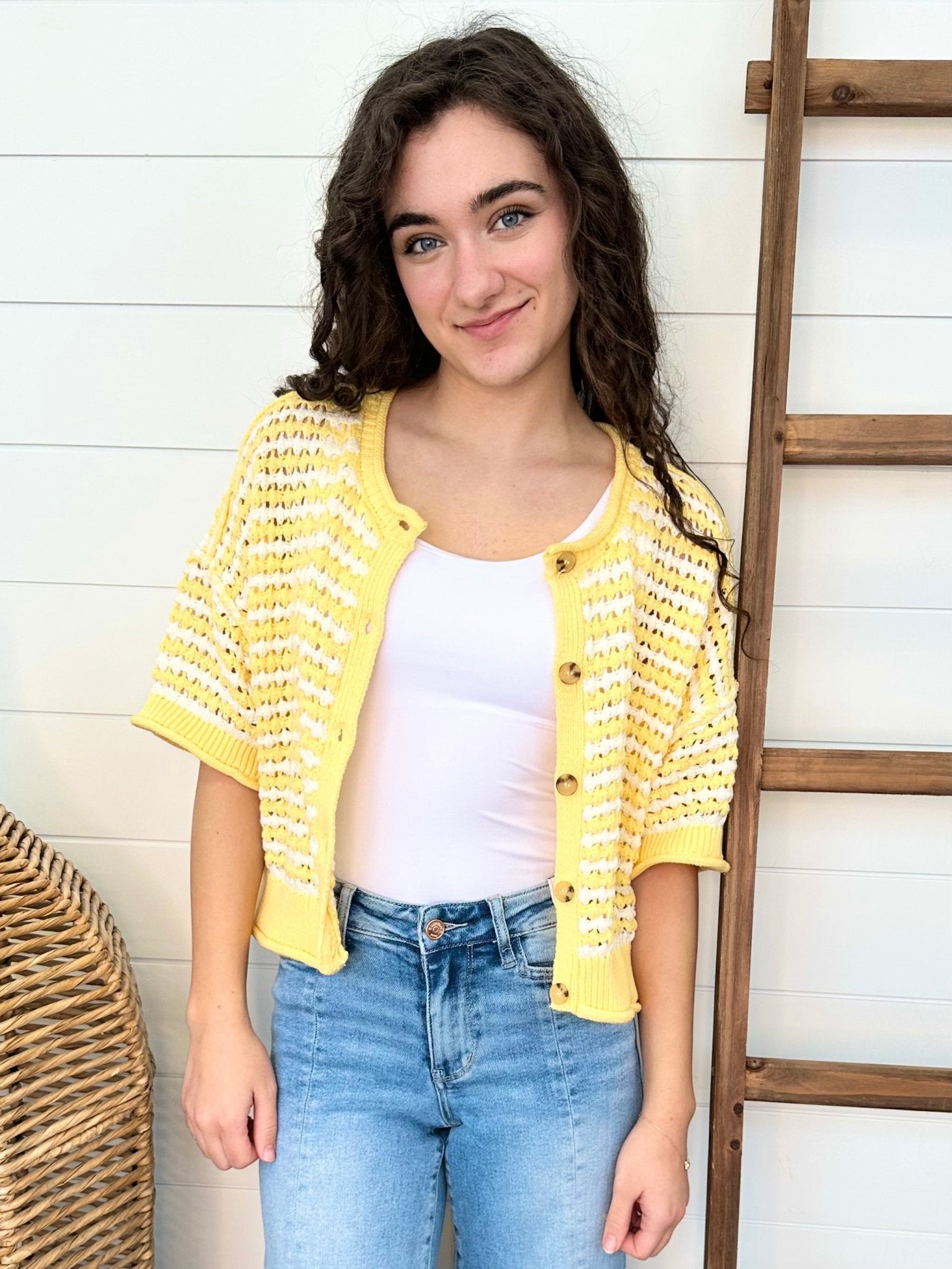Yellow Striped Button Short Sleeve Top - The Nines