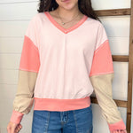 Blush & Coral Super Soft Colorblock V - neck Sweatshirt - The Nines