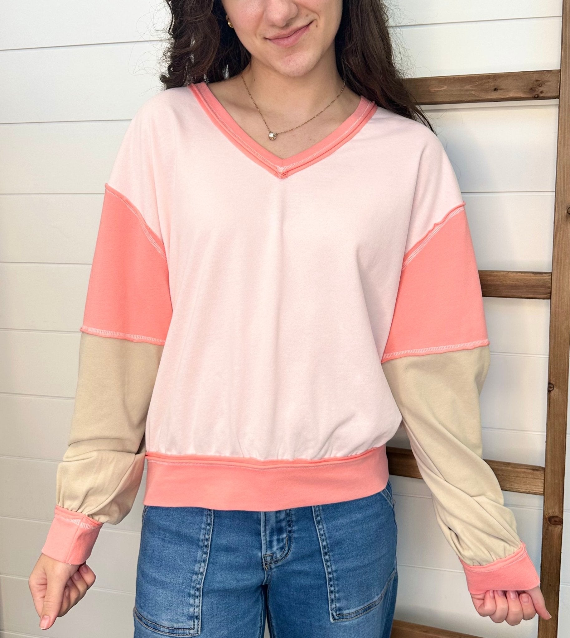 Blush & Coral Super Soft Colorblock V - neck Sweatshirt - The Nines
