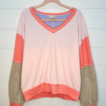 Blush & Coral Super Soft Colorblock V - neck Sweatshirt - The Nines