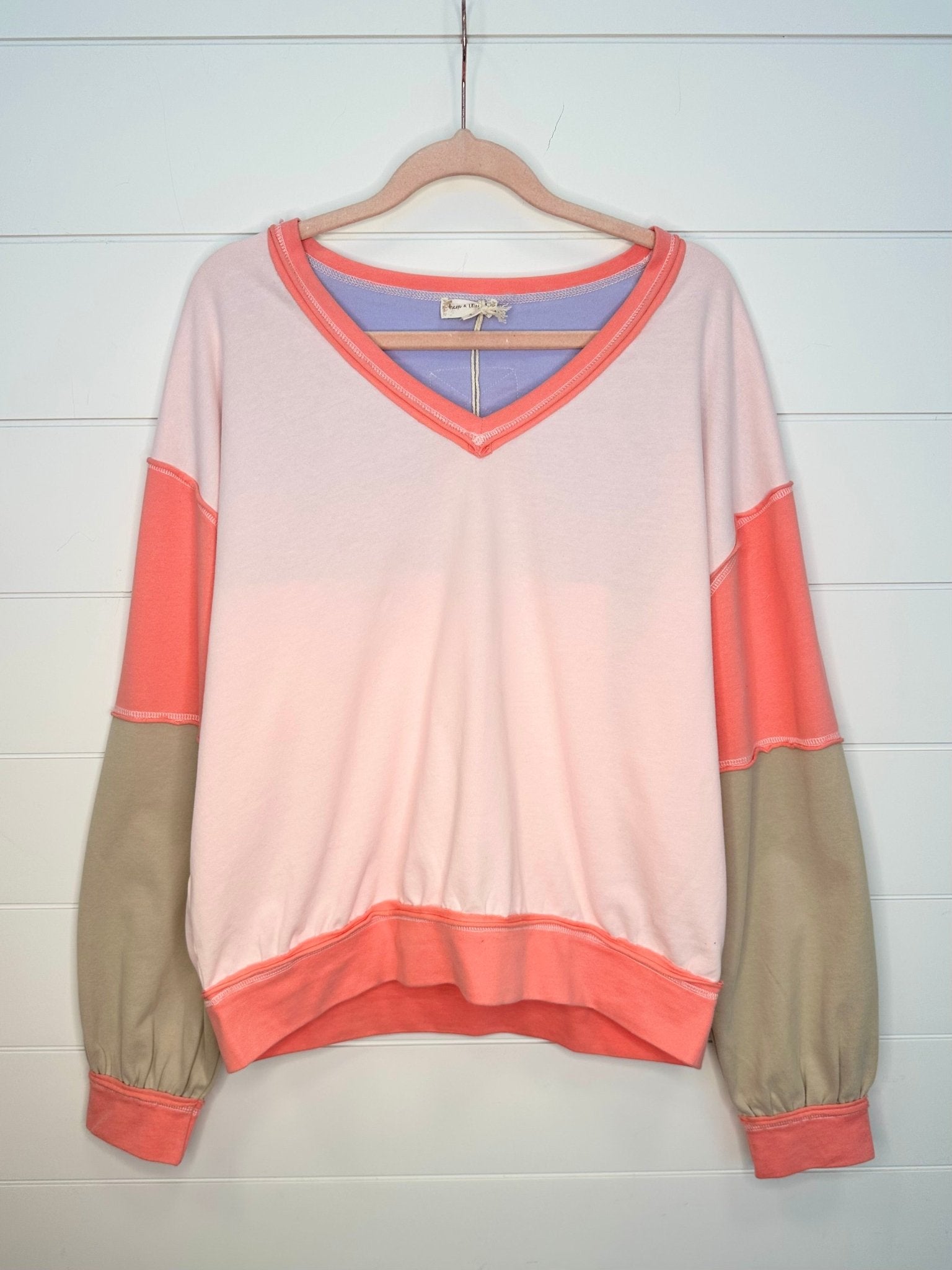 Blush & Coral Super Soft Colorblock V - neck Sweatshirt - The Nines