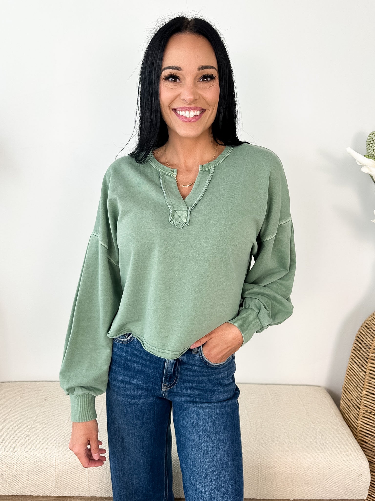 Notch Neck Boxy Long Sleeve Crop Top - The Nines