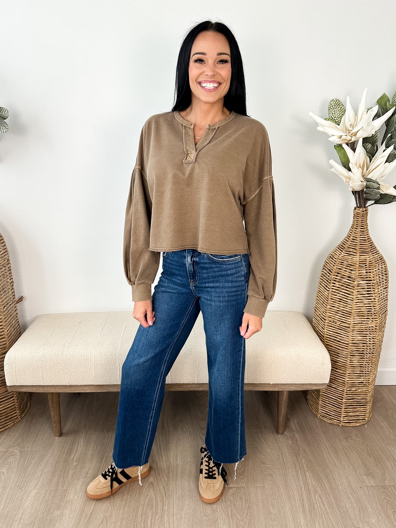 Notch Neck Boxy Long Sleeve Crop Top - The Nines