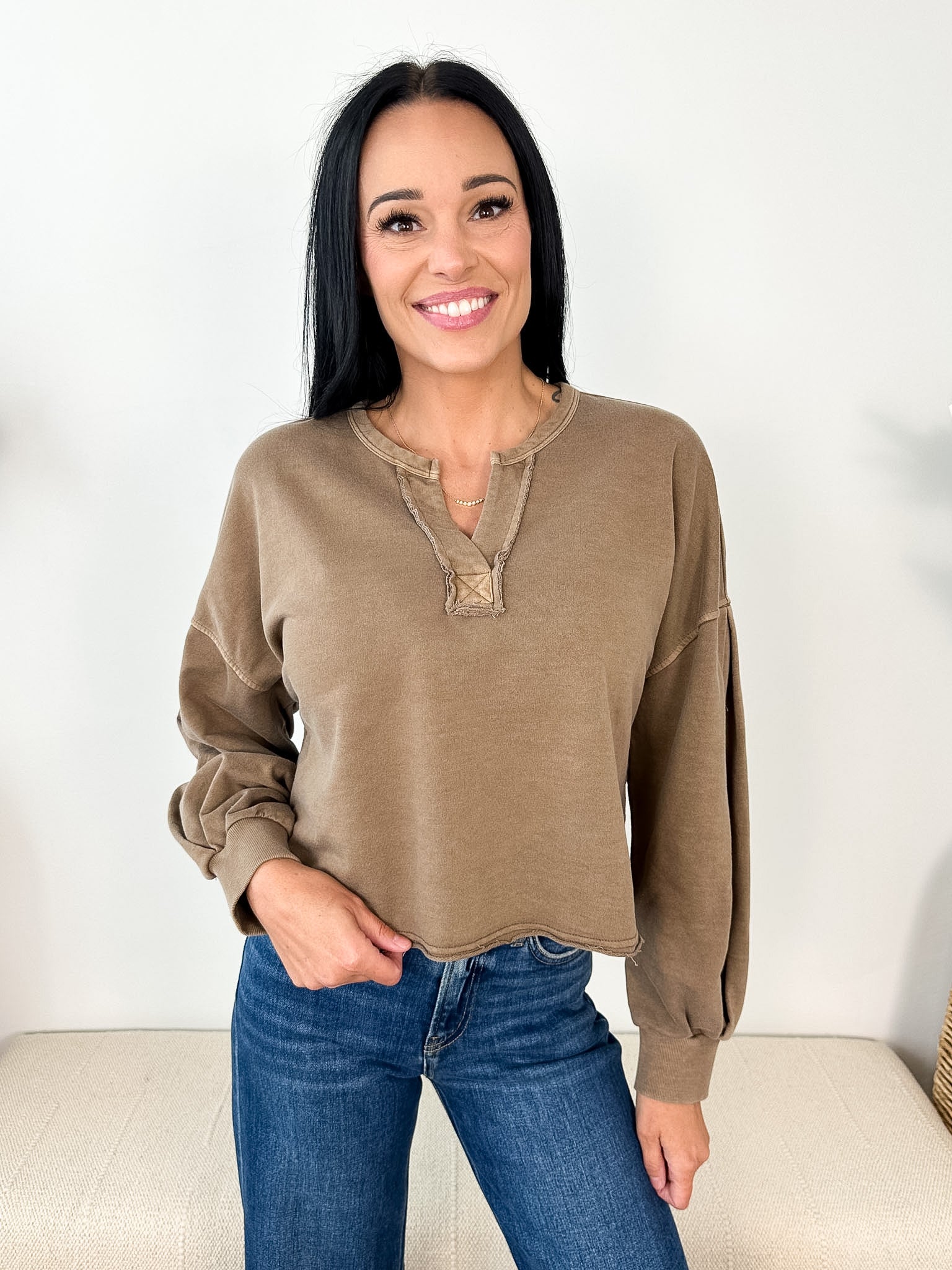 Notch Neck Boxy Long Sleeve Crop Top