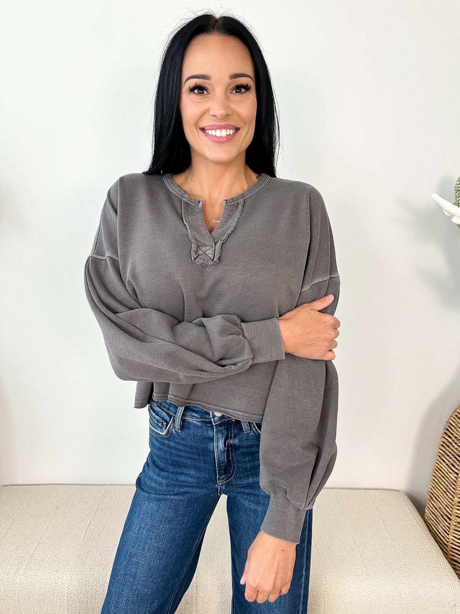 Notch Neck Boxy Long Sleeve Crop Top - The Nines