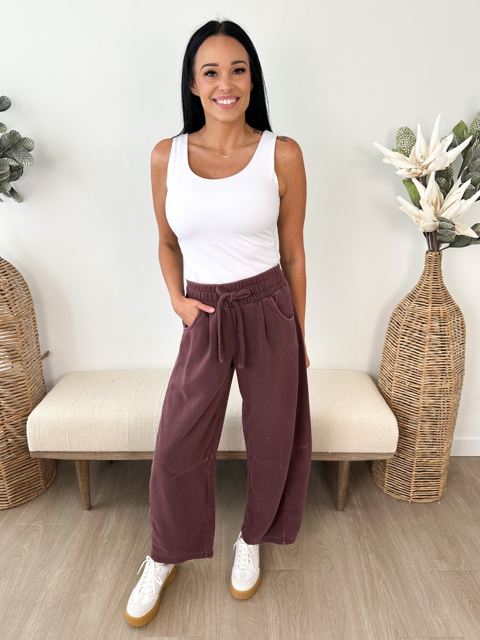 Smocked Waist Drawstring Barrel Leg Sweatpants - The Nines