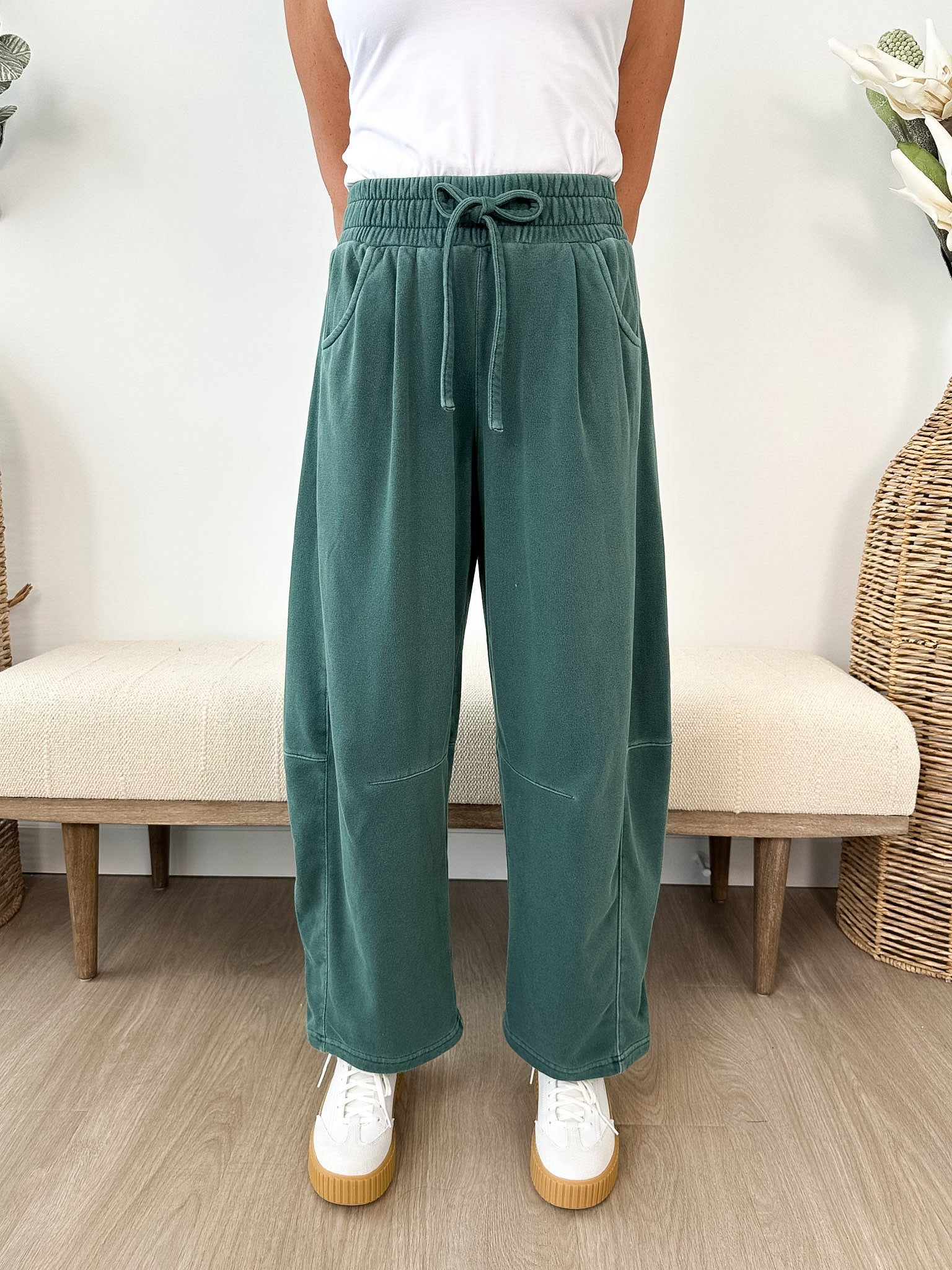 Smocked Waist Drawstring Barrel Leg Sweatpants