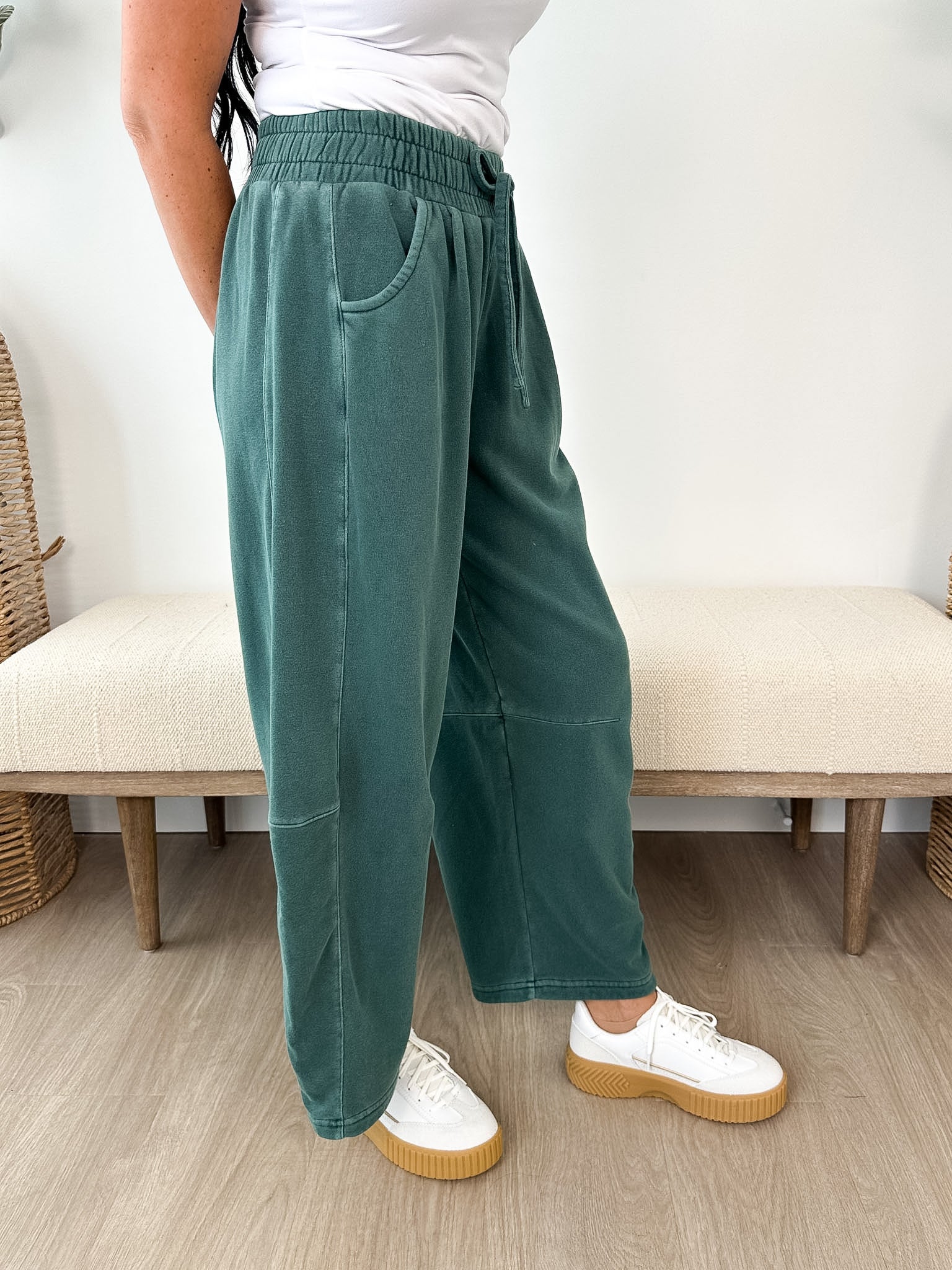 Smocked Waist Drawstring Barrel Leg Sweatpants - The Nines