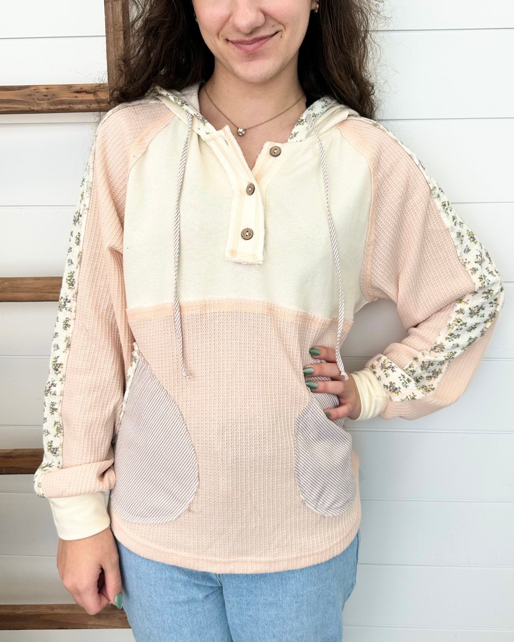 Ivory & Blush Mixed Fabric Hoodie - The Nines