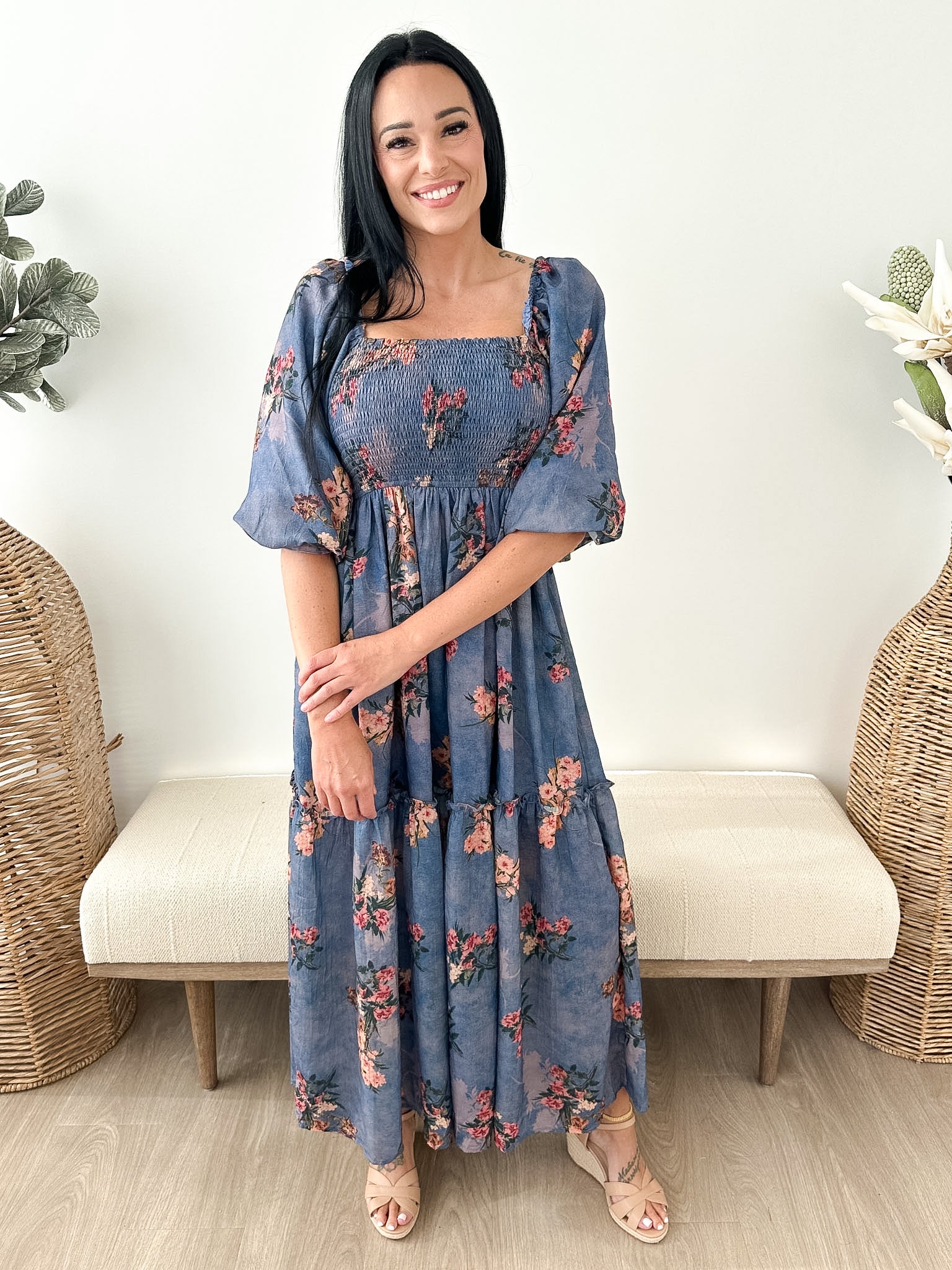 Floral Smocked 3/4 Sleeve Midi Dress - The Nines
