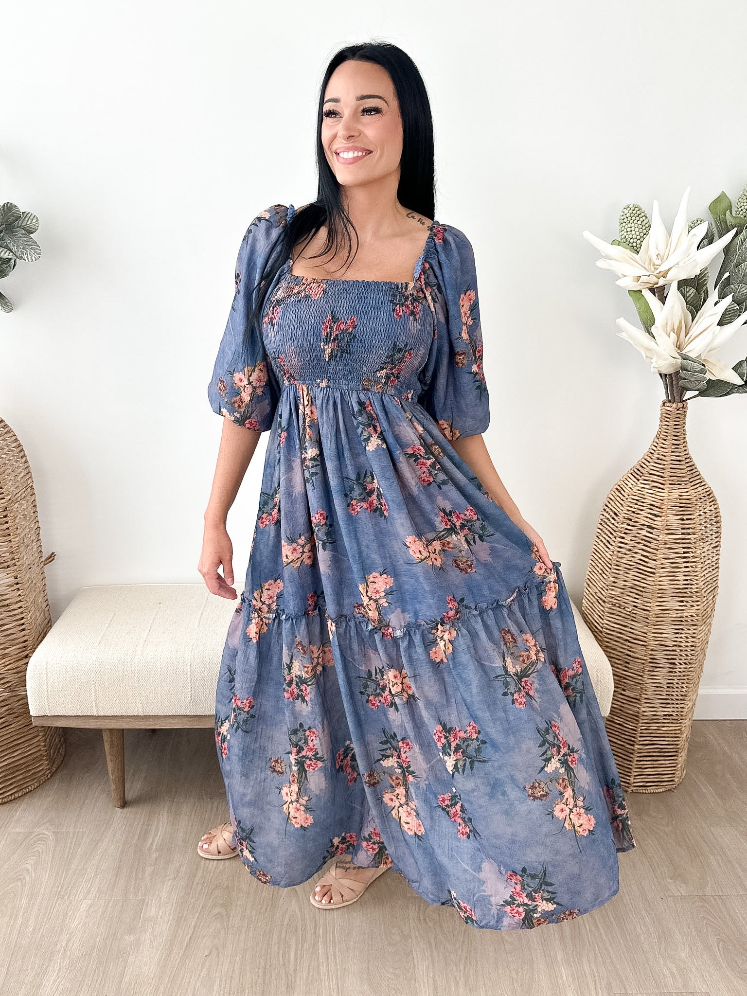 Floral Smocked 3/4 Sleeve Midi Dress - The Nines