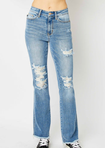 Judy Blue High Waist Destructed Frayed Hem Bootcut Jeans
