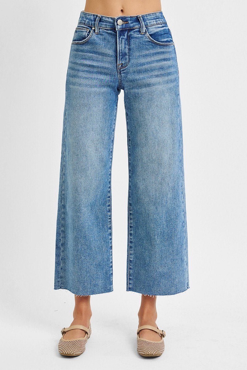 Risen Medium Wash Wide Leg Jeans - The Nines