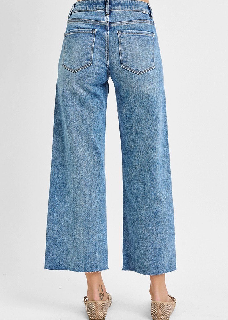 Risen Medium Wash Wide Leg Jeans - The Nines